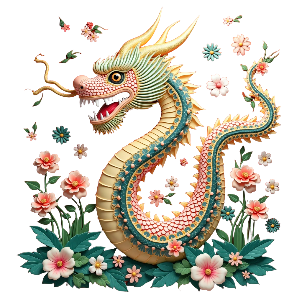 Golden Dragon Among Blossoms